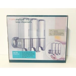 Triple 3 Chamber Shampoo & Soap Dispensers w/Wall Mount, Silver, NEW